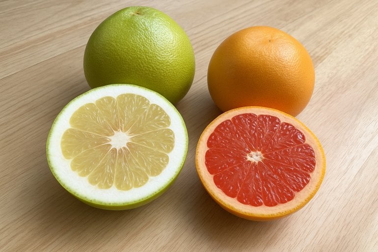 Pampelmusen und Grapefruits auf einem Tisch