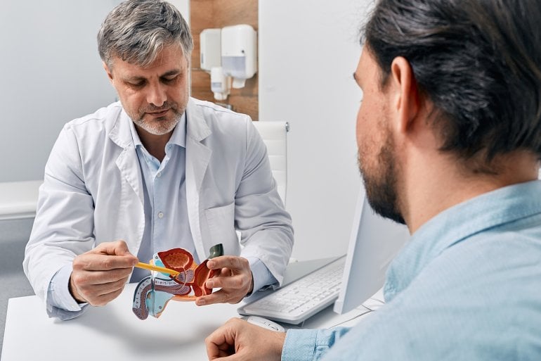 Arzt erklärt Patient an einem Modell die Prostata bei einer Untersuchung zu Prostatavergrößerung