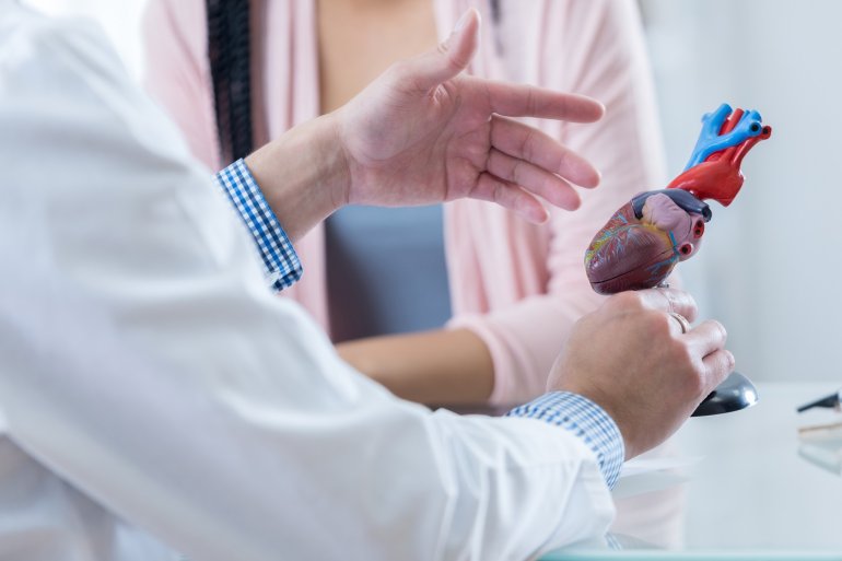 Arzt erklärt Herzbeutelentzündung an einem Herzmodell